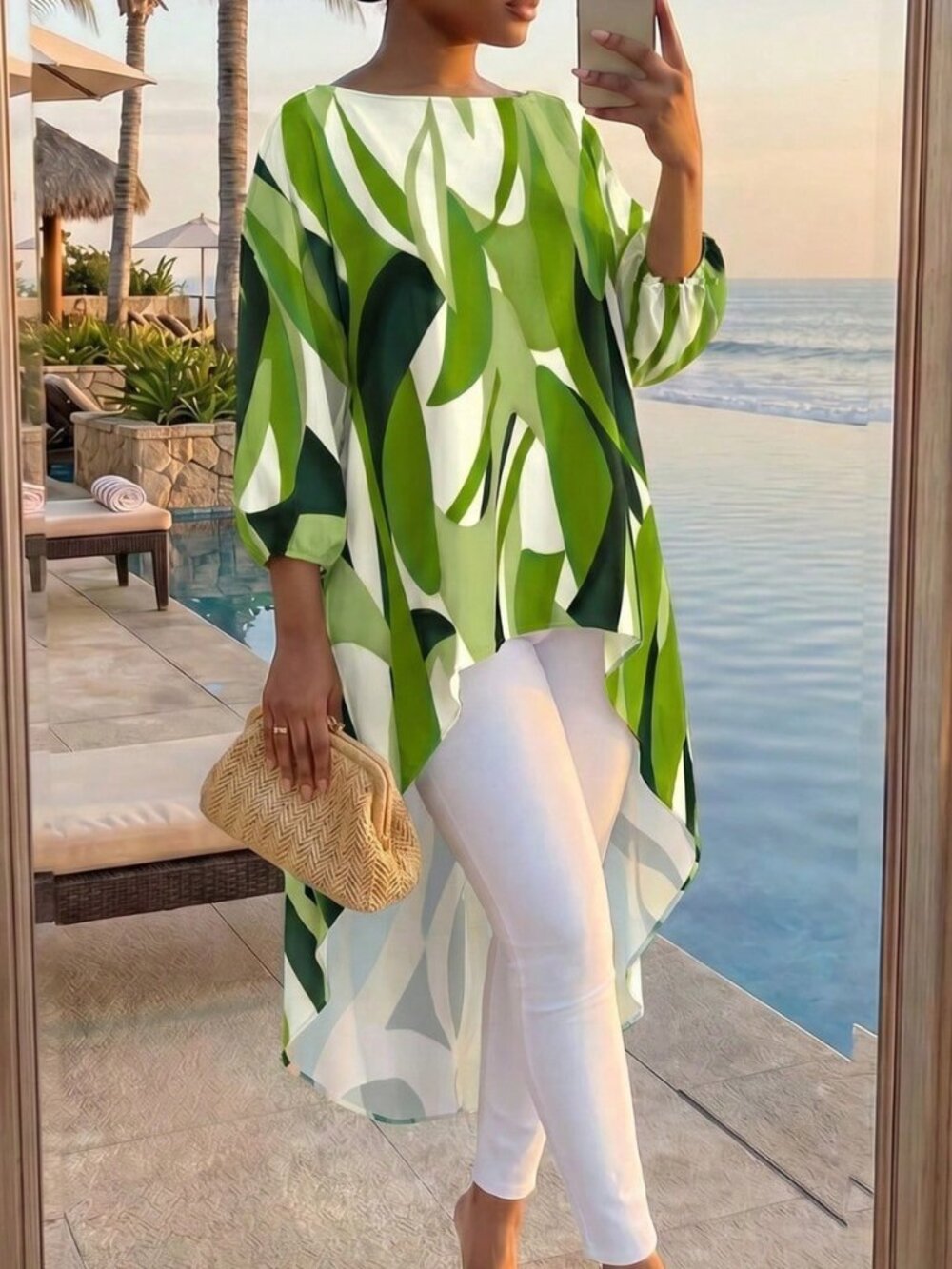 Green Boho Women's Casual Plus Size Woven Tunic Blouse